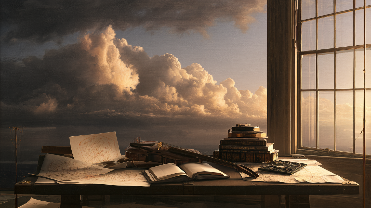 Geometric sphere above open book in clouds